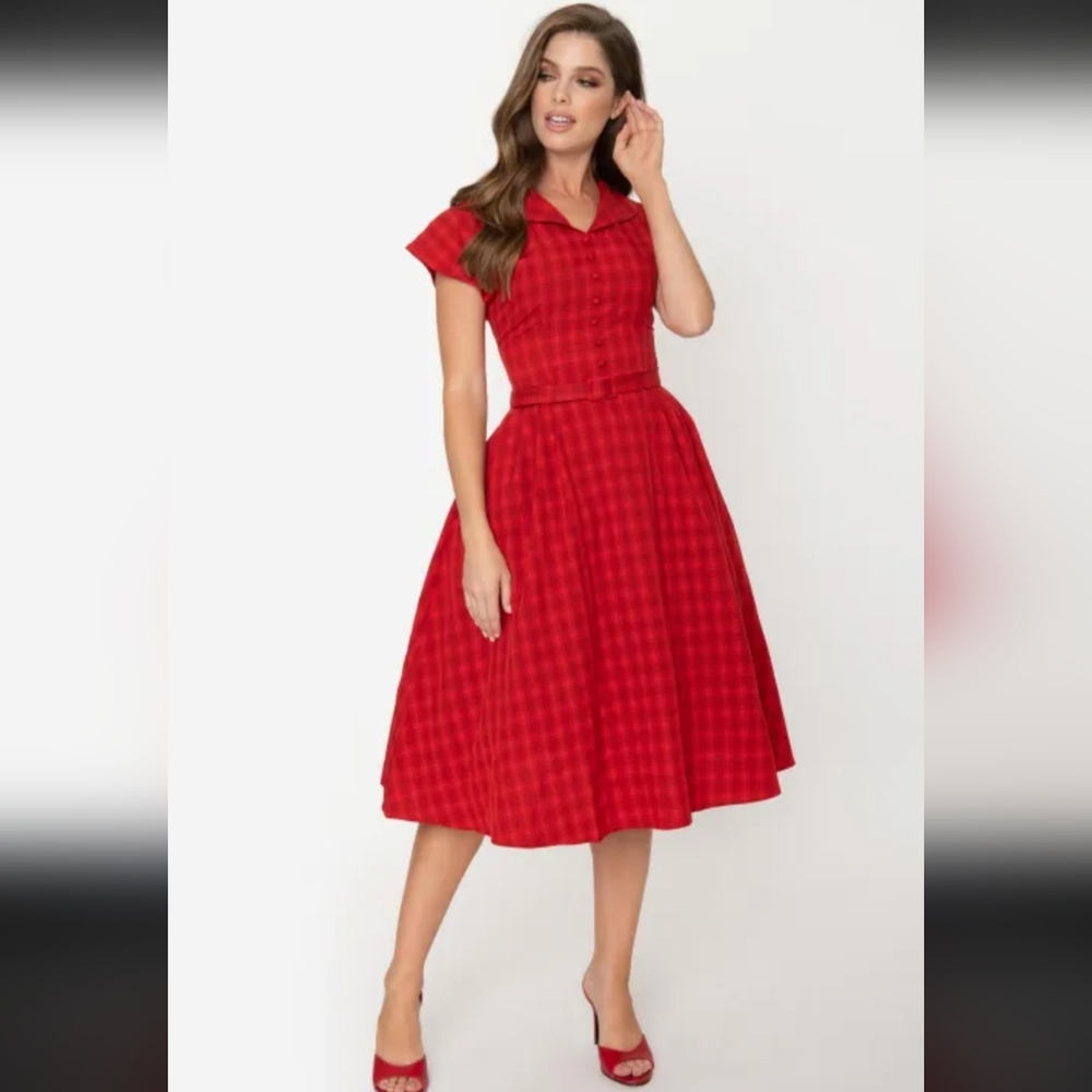 Collectif Vintage London Red Plaid Retro Festive Flare Belted Midi Dress New